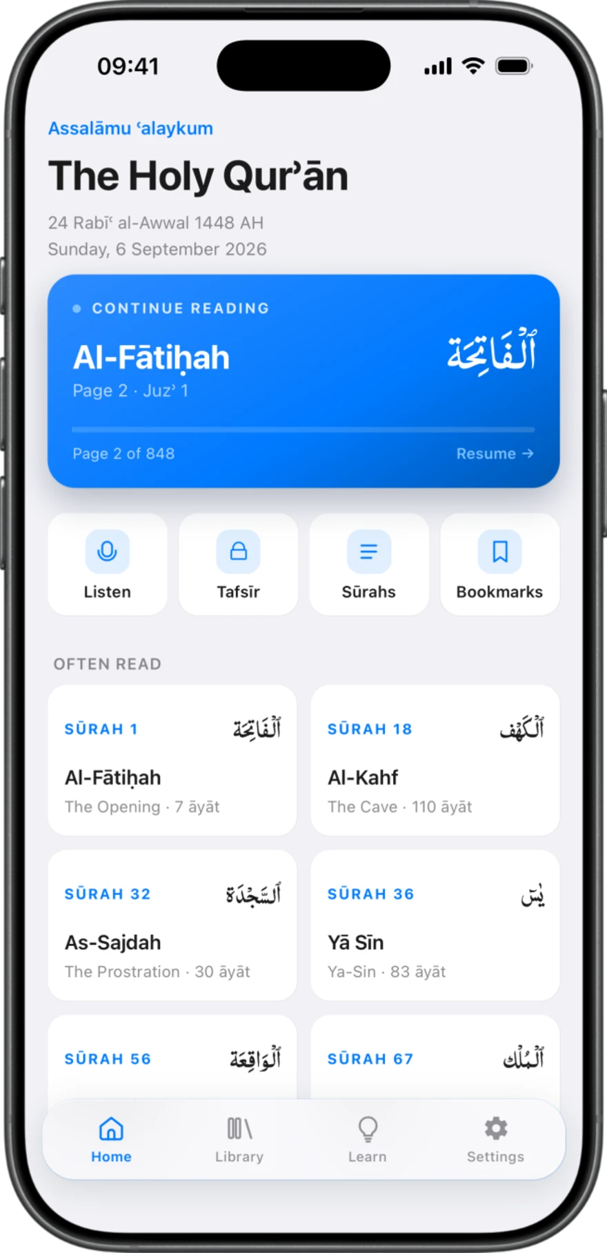 The Holy Quran app on iPhone, showing the home screen with a continue reading card and frequently read surahs