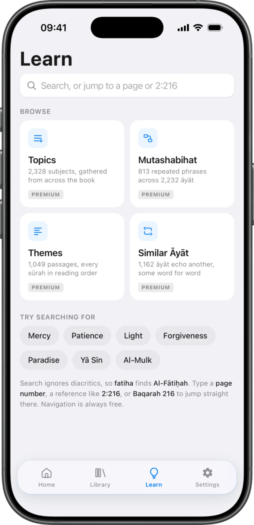 The Learn tab in The Holy Quran, showing Topics, Mutashabihat, Themes and Similar Ayat